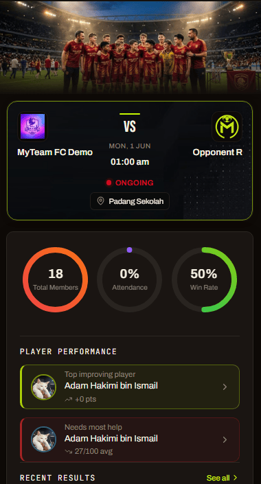 MyTeam FC dashboard on laptop and mobile